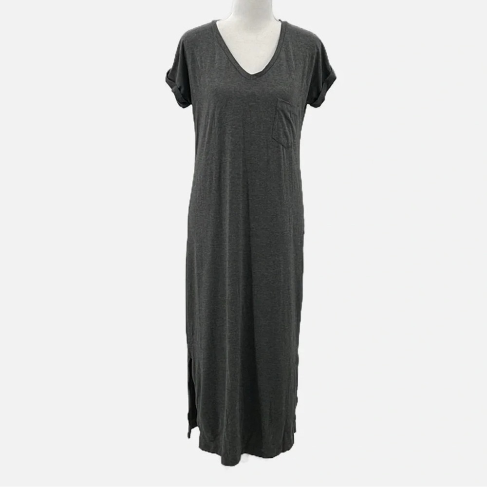 Cuyana Pima Cotton V Neck Short Sleeve Midi T Shirt Dress Dark Gray - Size Small